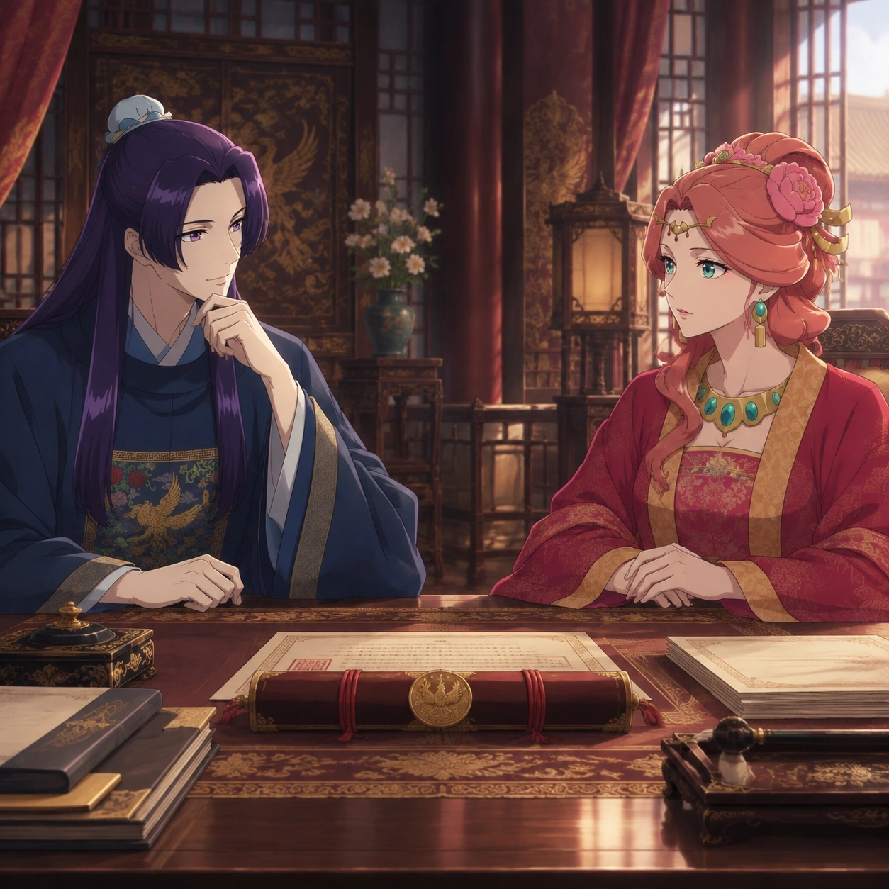 Jinshi and Gyokuyou negotiating the future of the imperial succession across a formal court table
