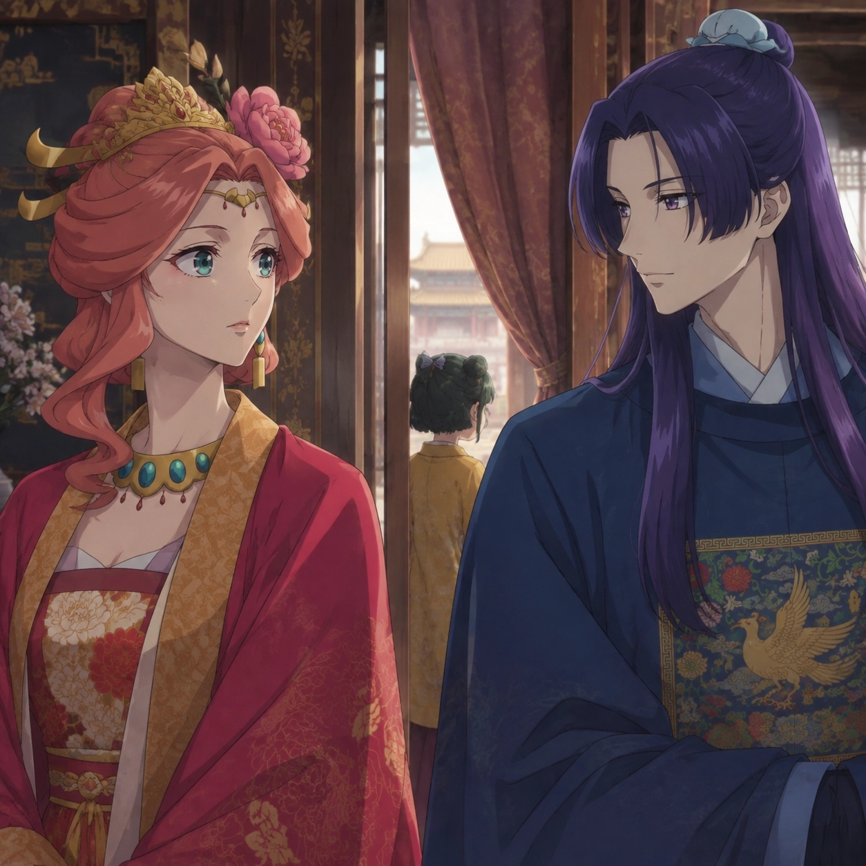 Jinshi and Gyokuyou standing on opposite sides of a protected royal household while their alliance remains possible