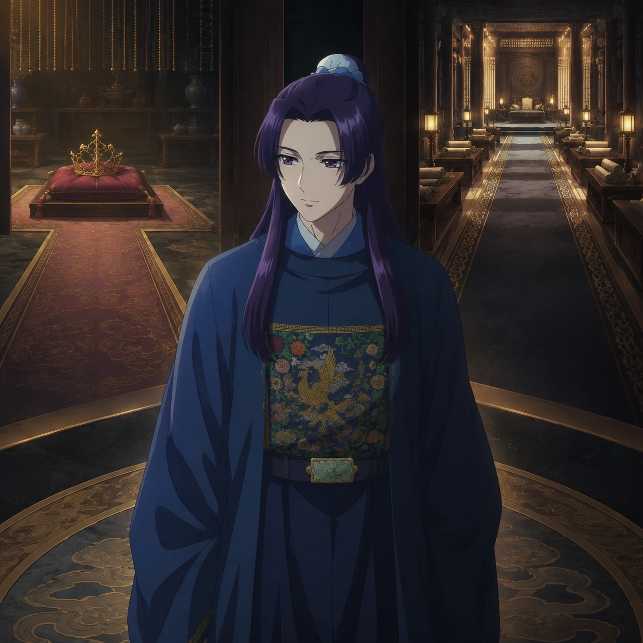 Jinshi standing before two palace paths representing formal succession and emergency rule