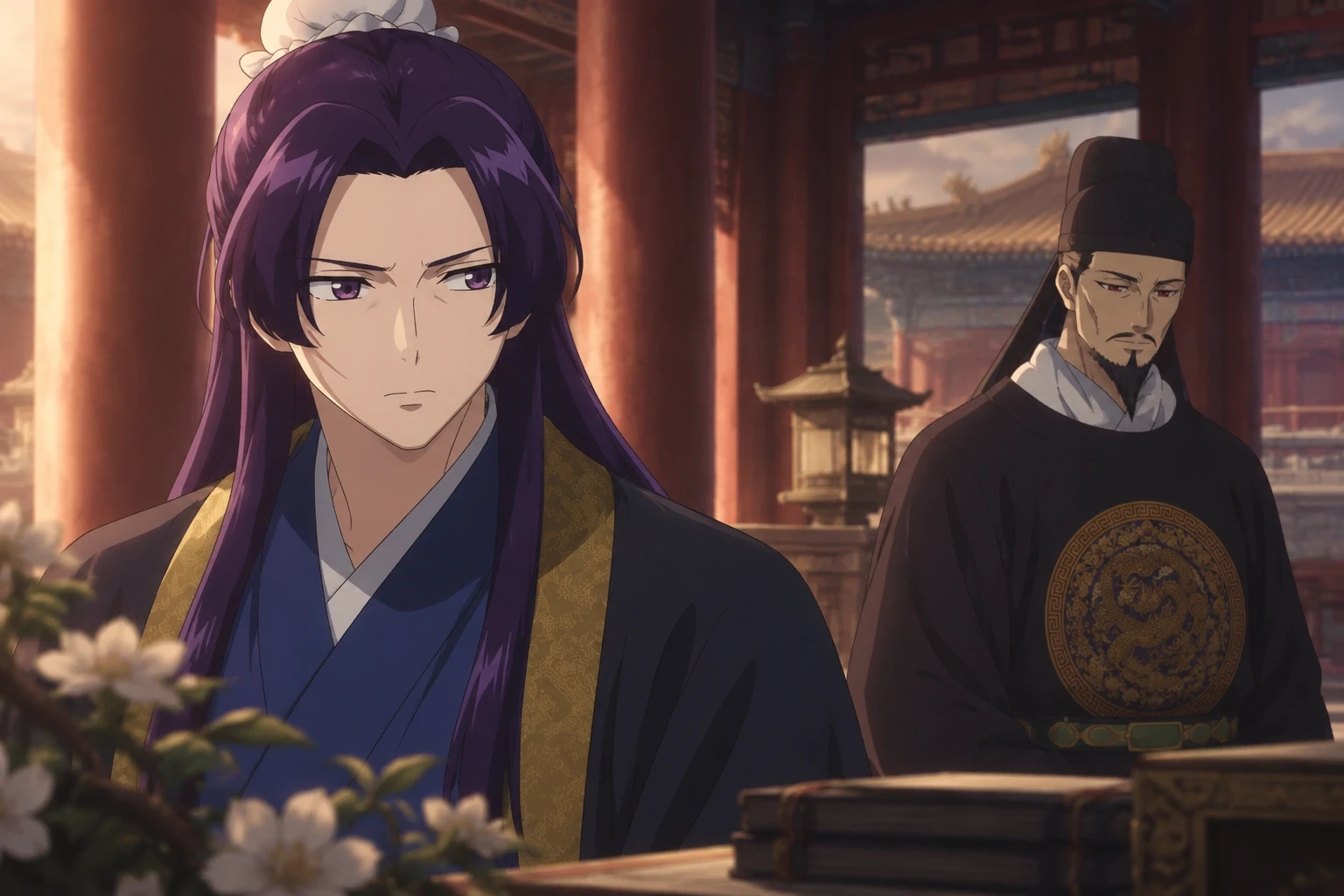 Illustration of Jinshi in the foreground with the Emperor standing behind him in a palace setting.