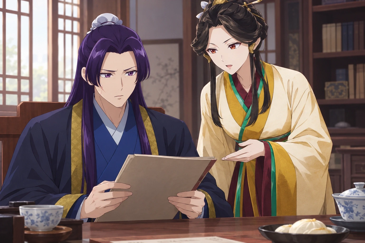 Jinshi reviews a consort dossier as Maamei speaks with him in his study.