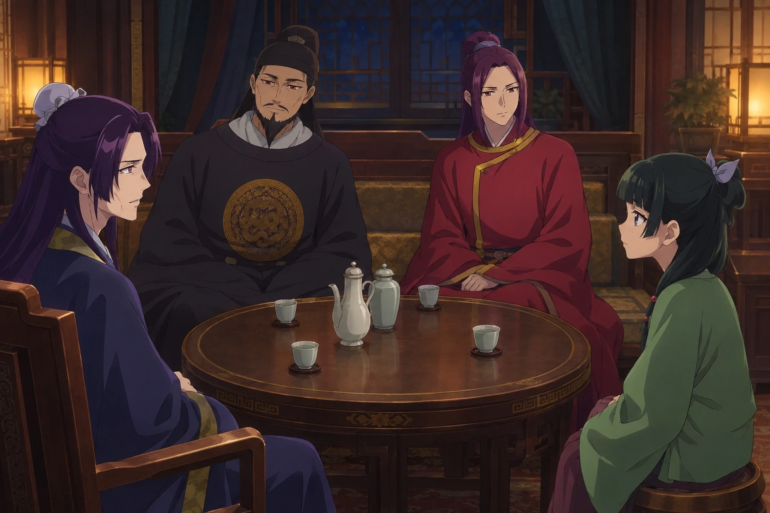 The Emperor and Ah-Duo sit at opposite ends of a couch, with Jinshi and Maomao across the table.
