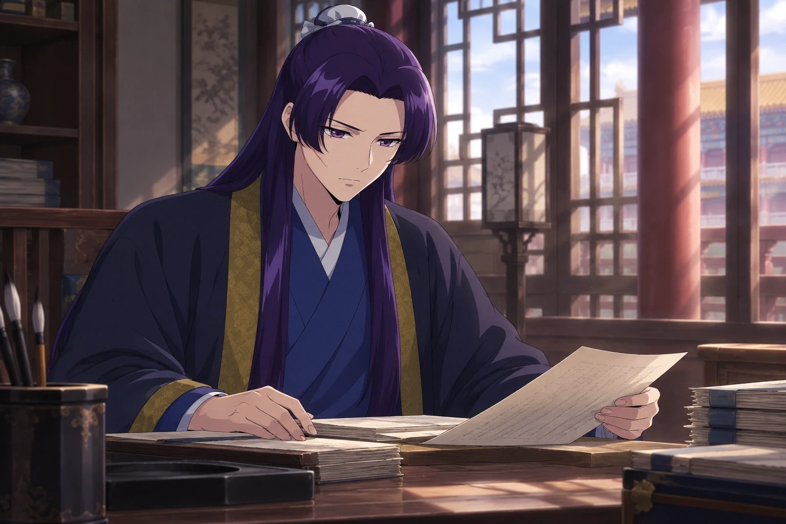 Jinshi studies official papers at his desk in a palace office.