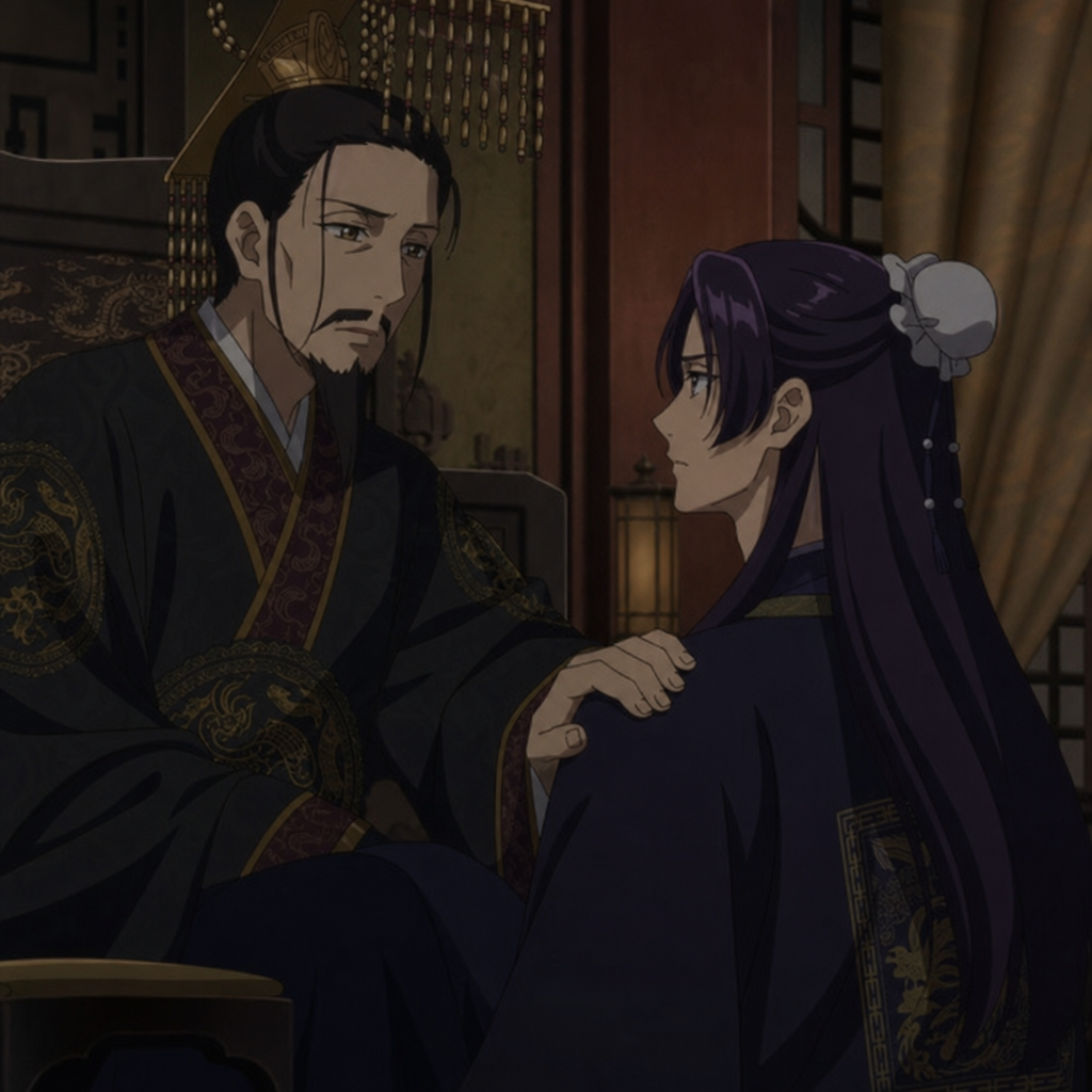 Quiet palace corridor and hidden family burden imagery for Jinshi and Ah Duo's secret conclusion
