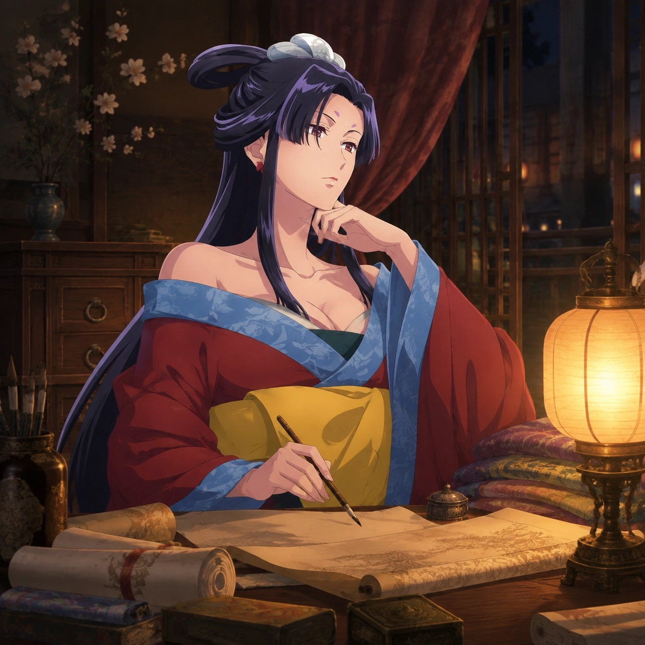 Joka surrounded by books and quiet night light in a historical pleasure house