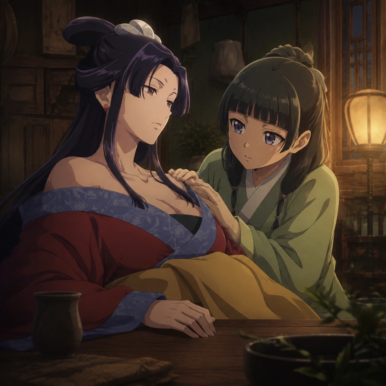 Joka and Maomao sharing a quiet sisterly moment in a private room