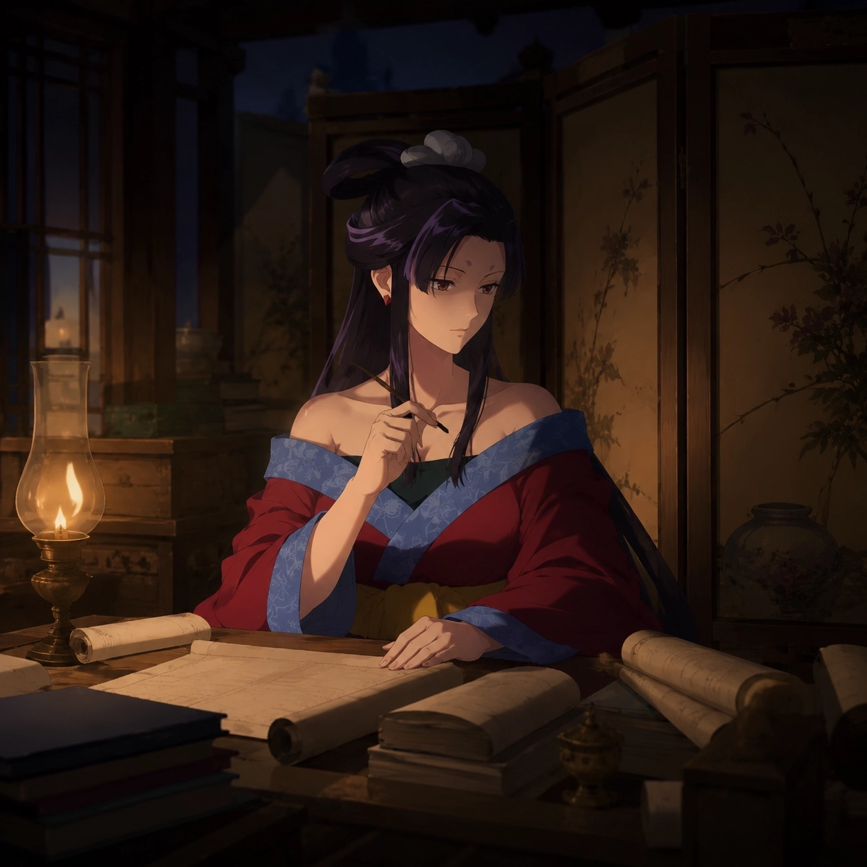 A solitary woman studying by lamplight while the outer world remains beyond a closed screen
