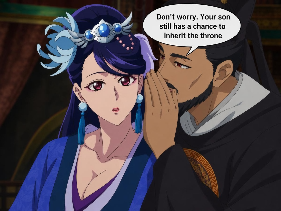 The Emperor leans toward Lihua beside an imagined reassurance about her son’s chance to inherit the throne
