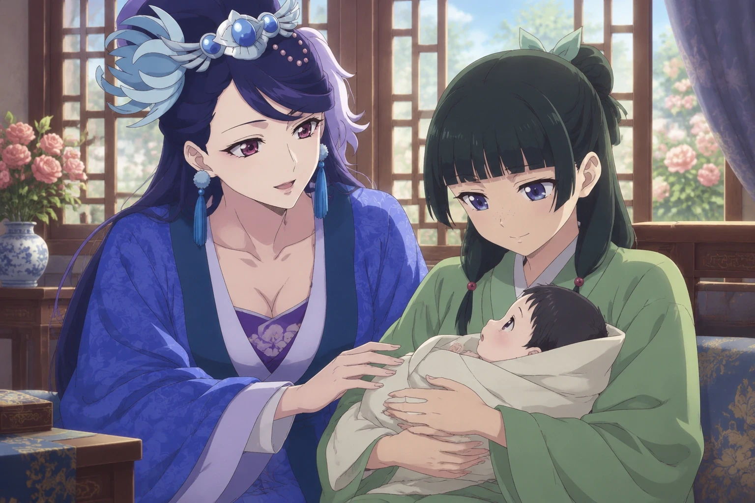 Lihua sits beside Maomao as Maomao cradles Lihua’s healthy second son at the Crystal Pavilion