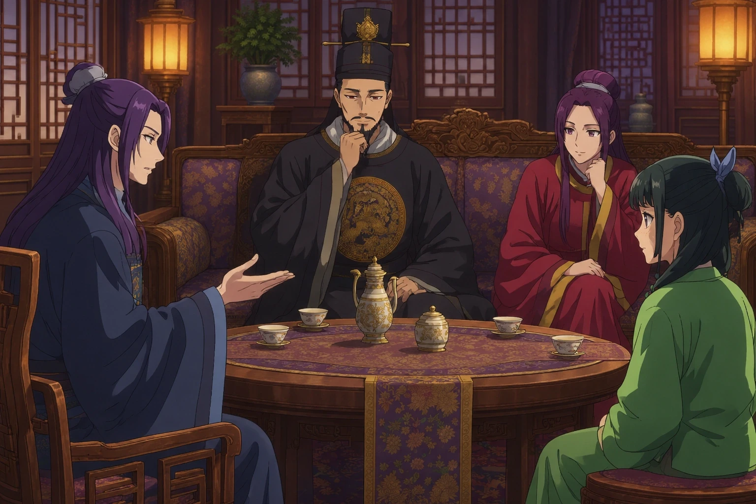 Jinshi speaks across a round table to the Emperor, with Ah-Duo and Maomao present before the operation