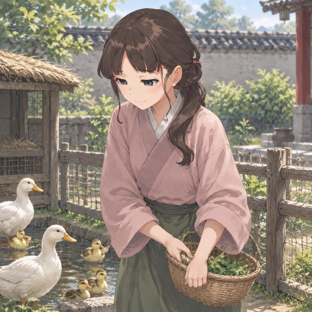 Lishu in plain clothing beside the duck enclosure at Red Plum Hall