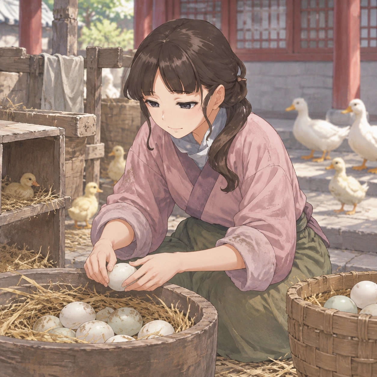 Lishu carefully warming duck eggs in plain clothing at Red Plum Hall