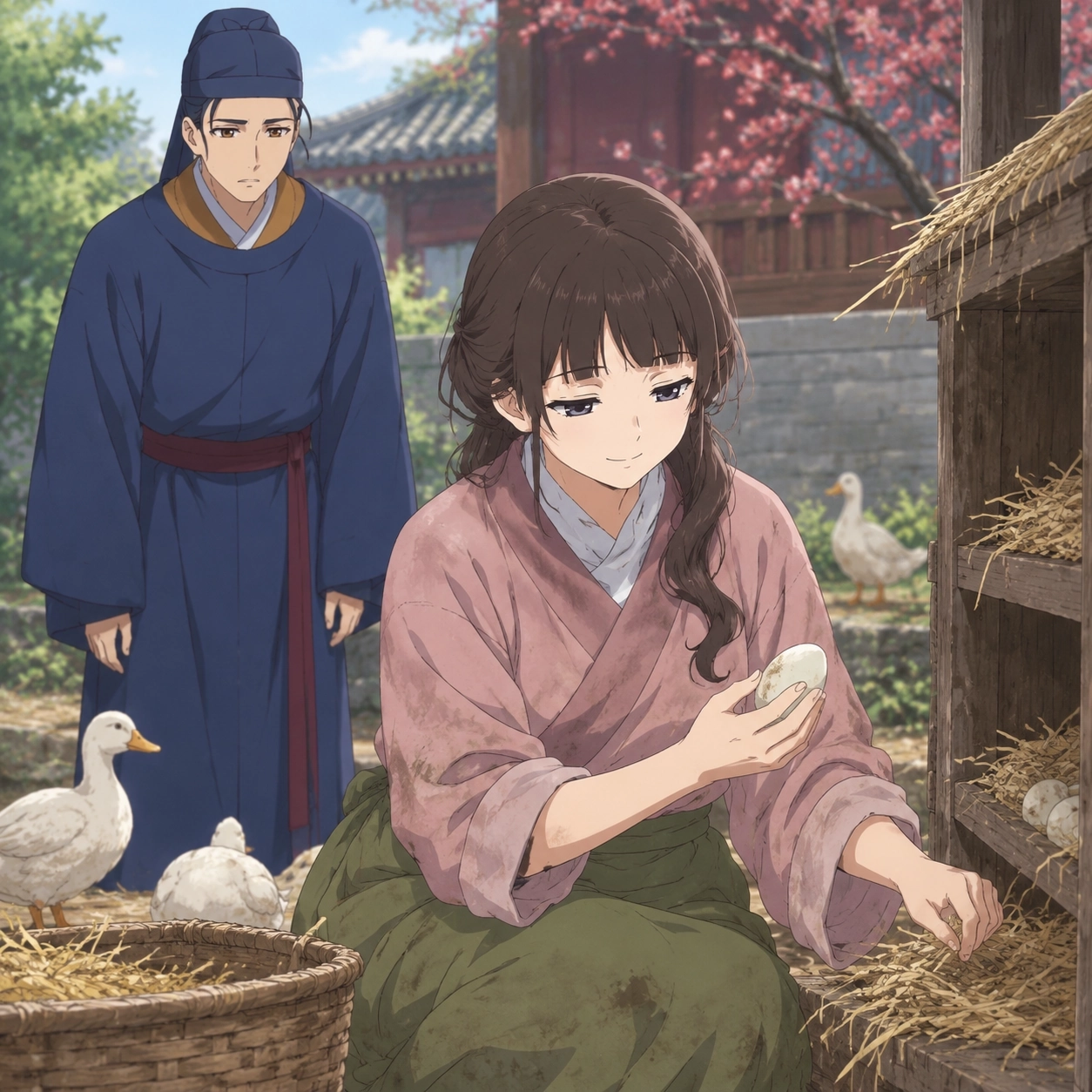 Lishu explains duck-egg care to Basen during their reunion at Red Plum Hall