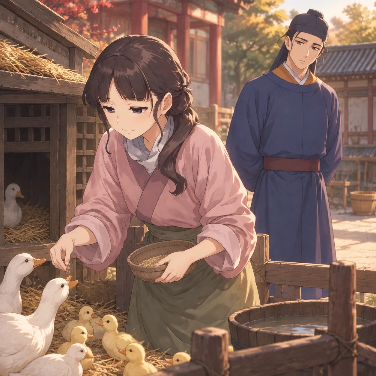 Lishu smiles beside the Red Plum Hall duck house as Basen watches