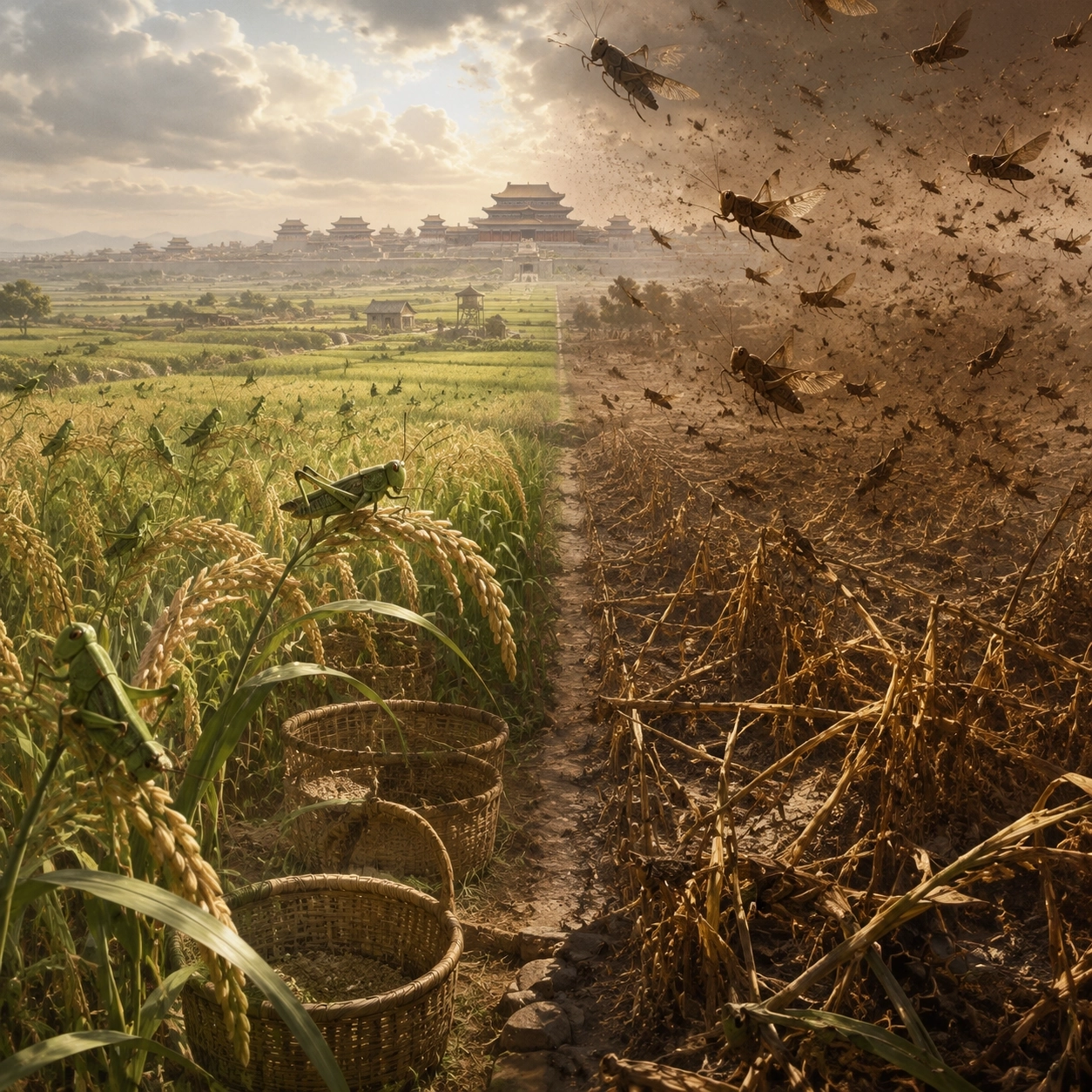 Ordinary locust damage contrasted with a flying locust swarm over ancient farmland