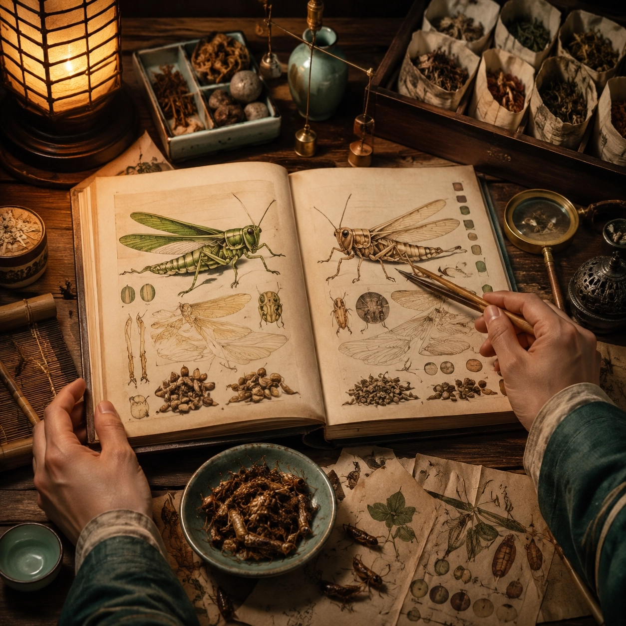 Insect guide, dried locust samples, and investigation tools for Maomao's evidence chain