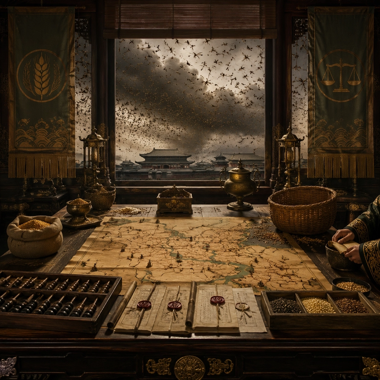 Imperial grain map, sealed orders, and empty storage baskets during a looming food crisis