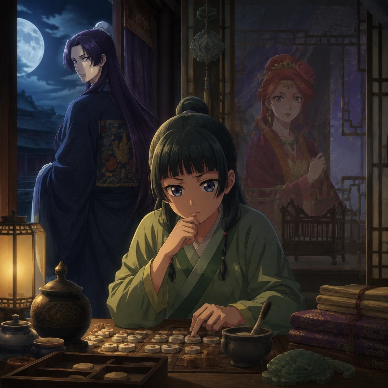 Maomao's pregnancy-risk calculation connected to Jinshi and Gyokuyou's succession concerns