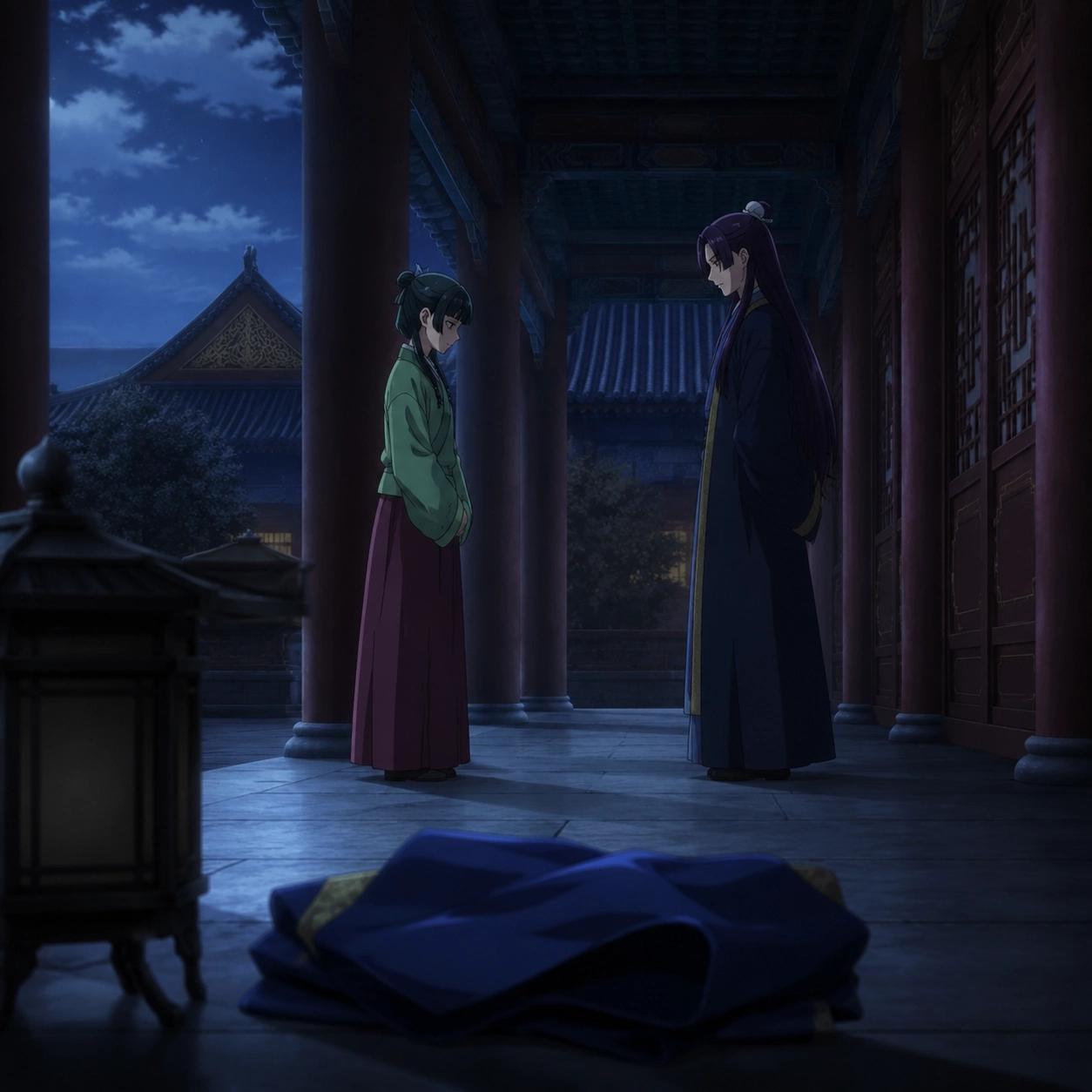 An empty palace corridor after a difficult decision, with a folded blue cloth and an unlit lamp