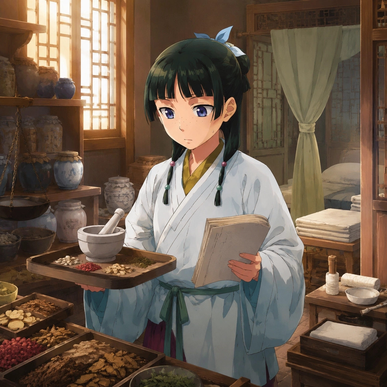 Illustration for Maomao's transition from apothecary work to clinical medicine