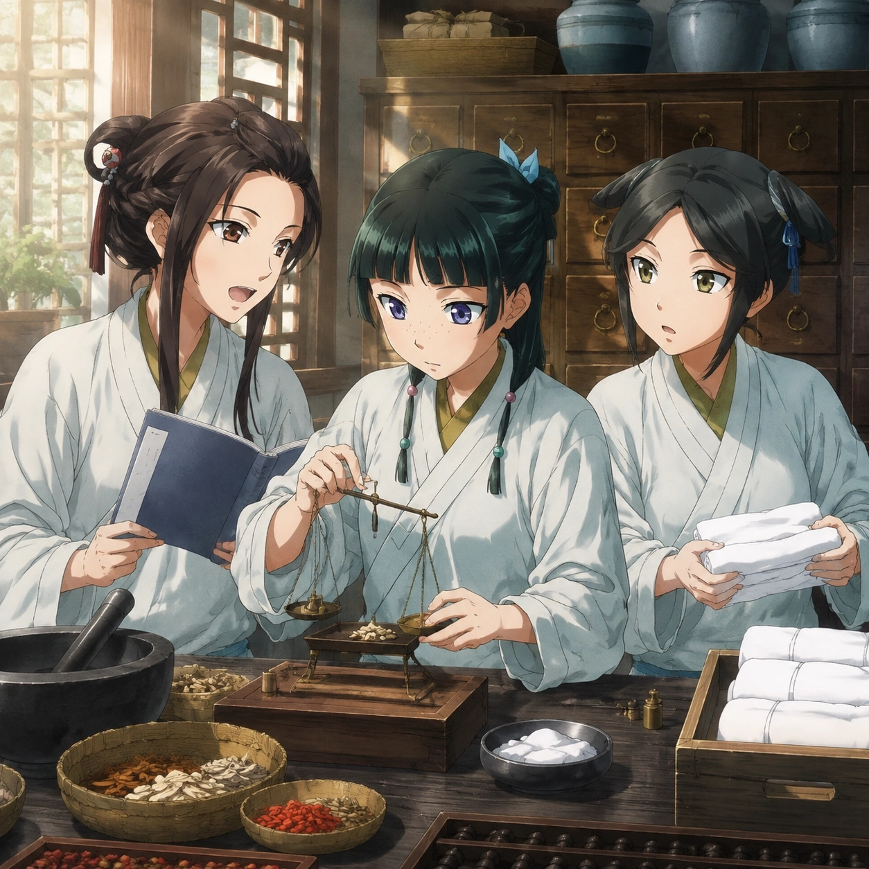 Illustration for Maomao working beside medical assistants in the palace medical office