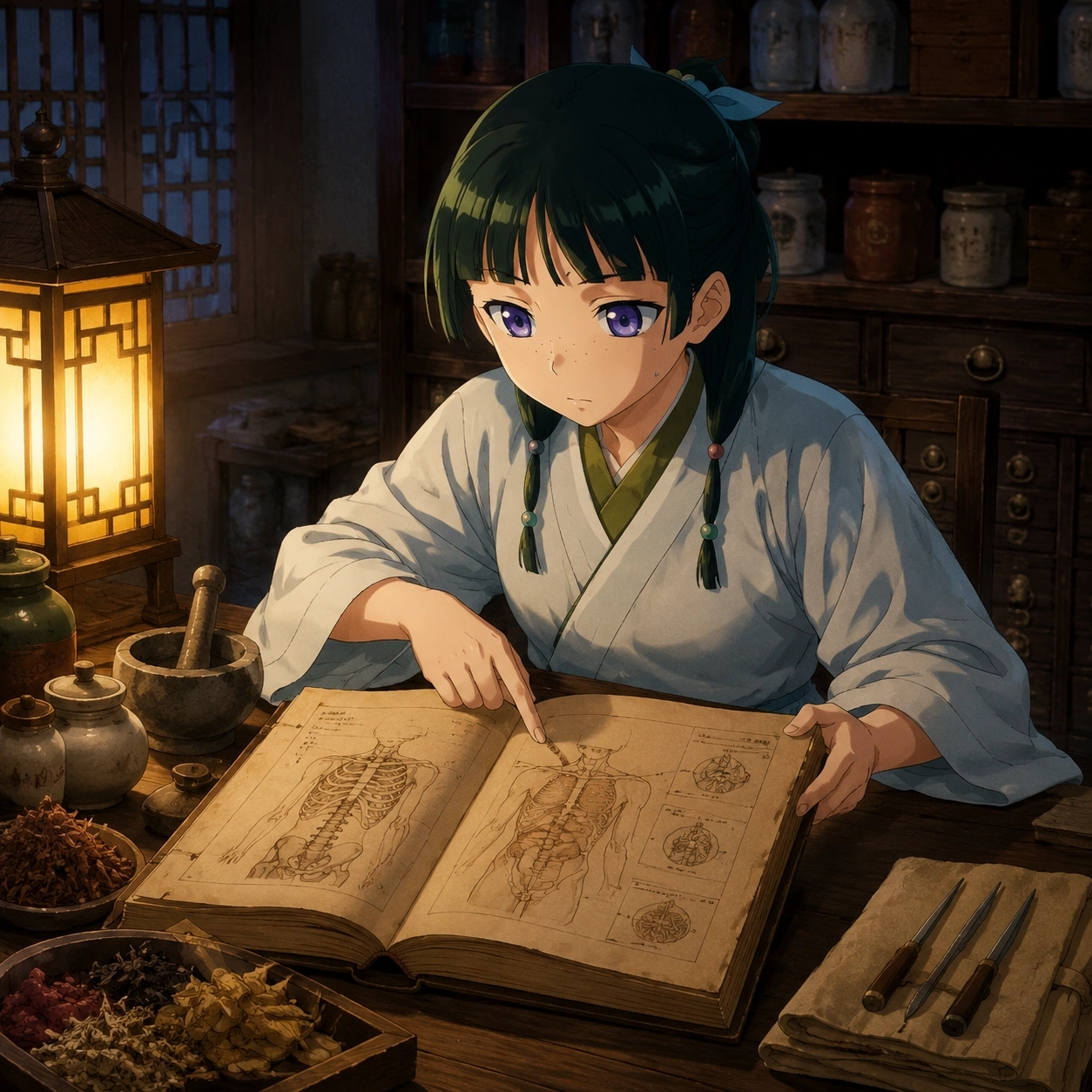 Illustration for Maomao studying anatomy and surgical knowledge beside medicinal tools