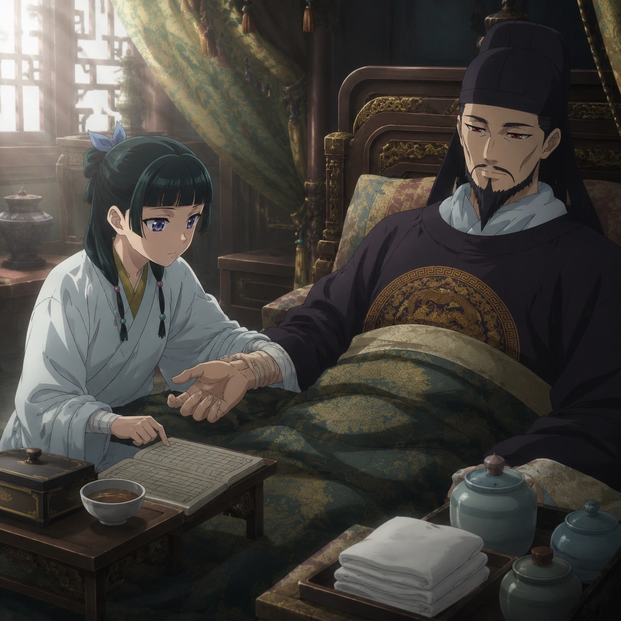 Illustration for Maomao observing the Emperor's postoperative recovery