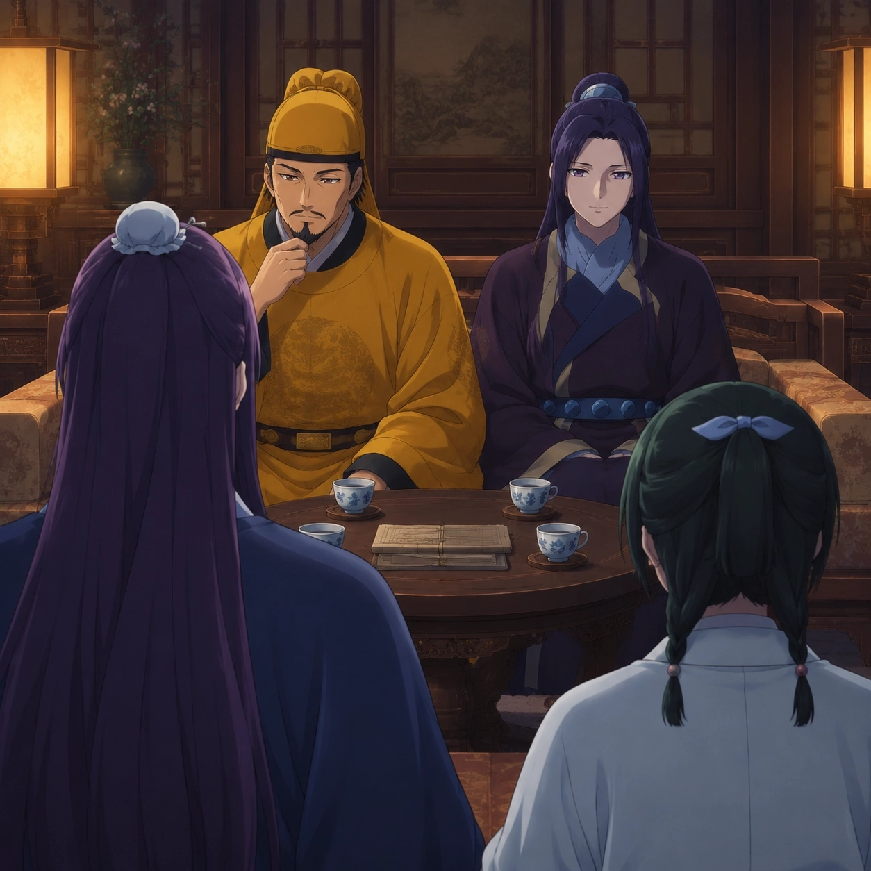 The Emperor and Ah-Duo seated side by side while Jinshi and Maomao observe from behind in a private imperial meeting
