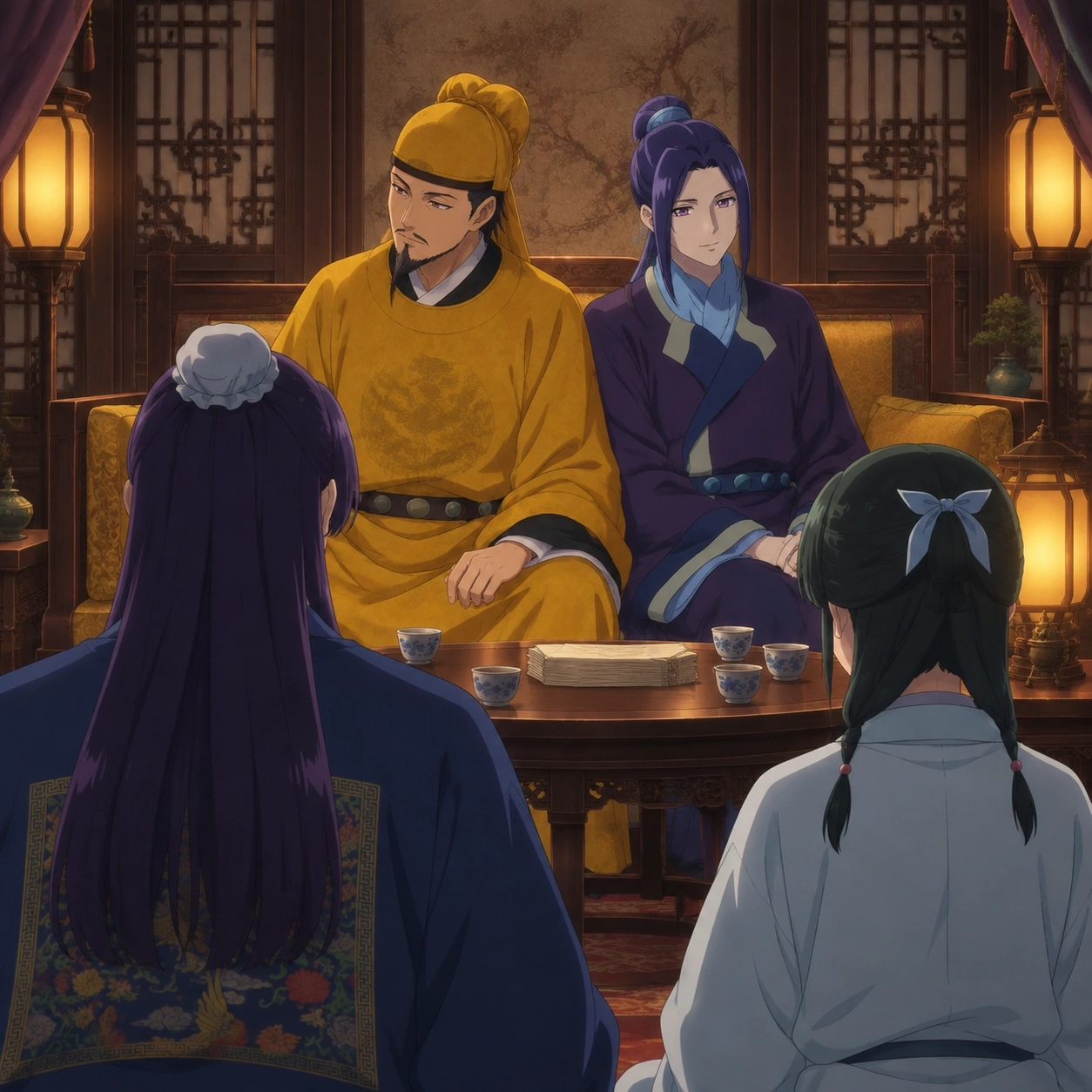 The Emperor and Ah-Duo listening to the medical discussion while Jinshi and Maomao are seen from behind