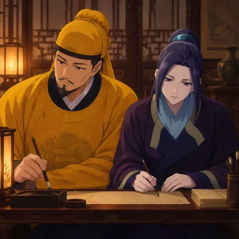 Jinshi and Maomao seen from behind during a succession discussion with the Emperor and Ah-Duo