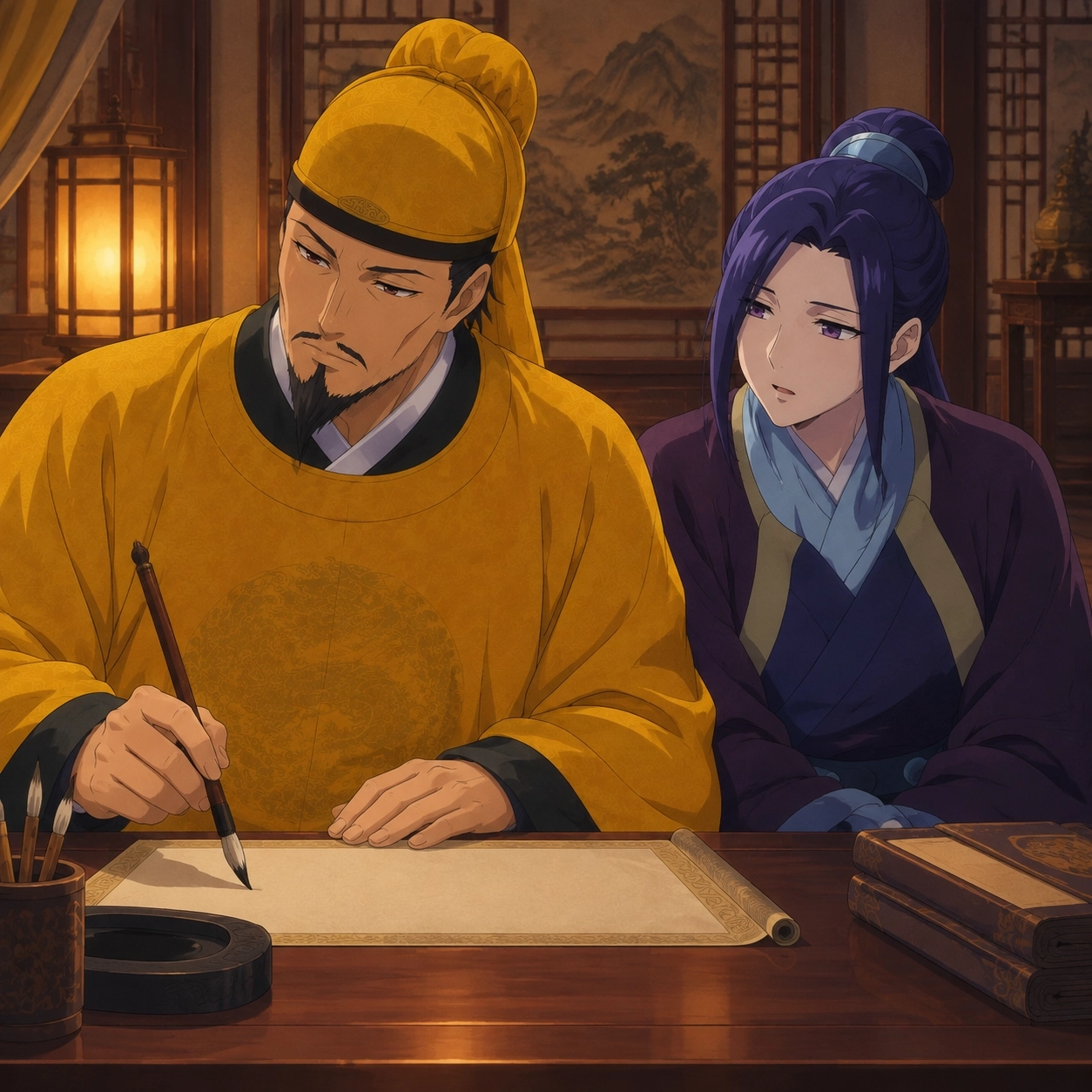 The Emperor writing an edict while Ah-Duo speaks beside him in a private imperial room
