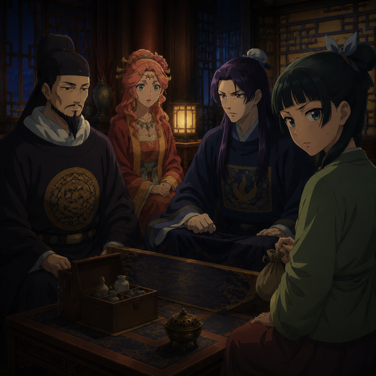 The Emperor, Jinshi, Gyokuyou, and Maomao gathered around a secret imperial meeting table