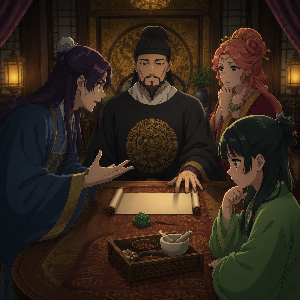 The Emperor, Jinshi, Gyokuyou, and Maomao around a scroll and imperial gifts during a succession argument