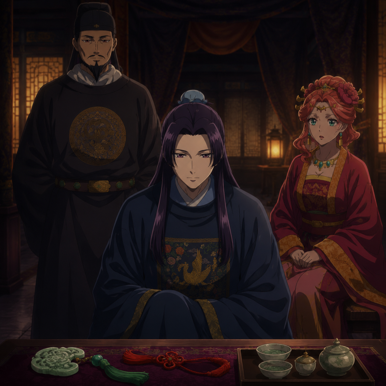 The Emperor, Jinshi, and Gyokuyou in a tense succession room with court tokens on the table