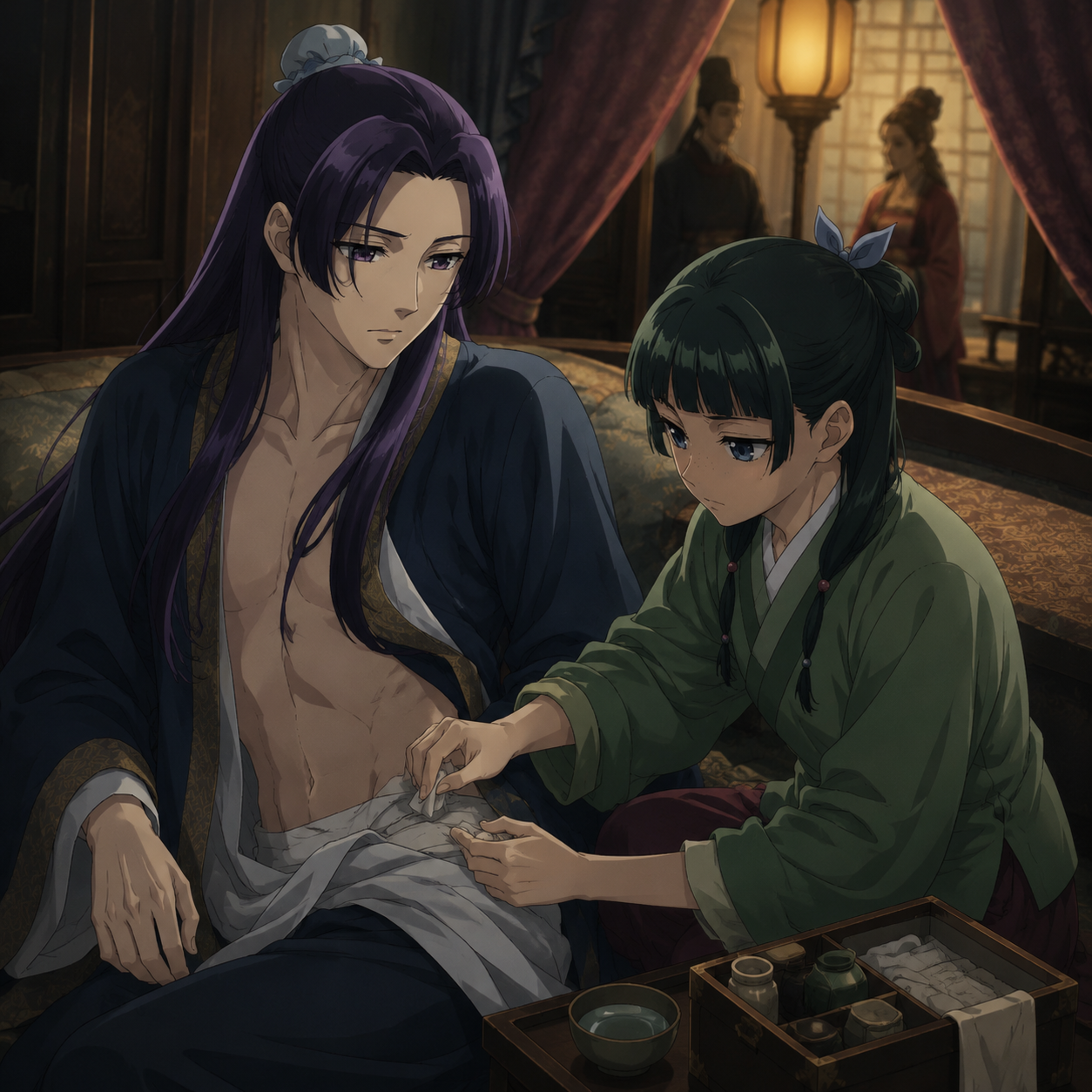 Maomao treating Jinshi's hidden side wound after the secret meeting