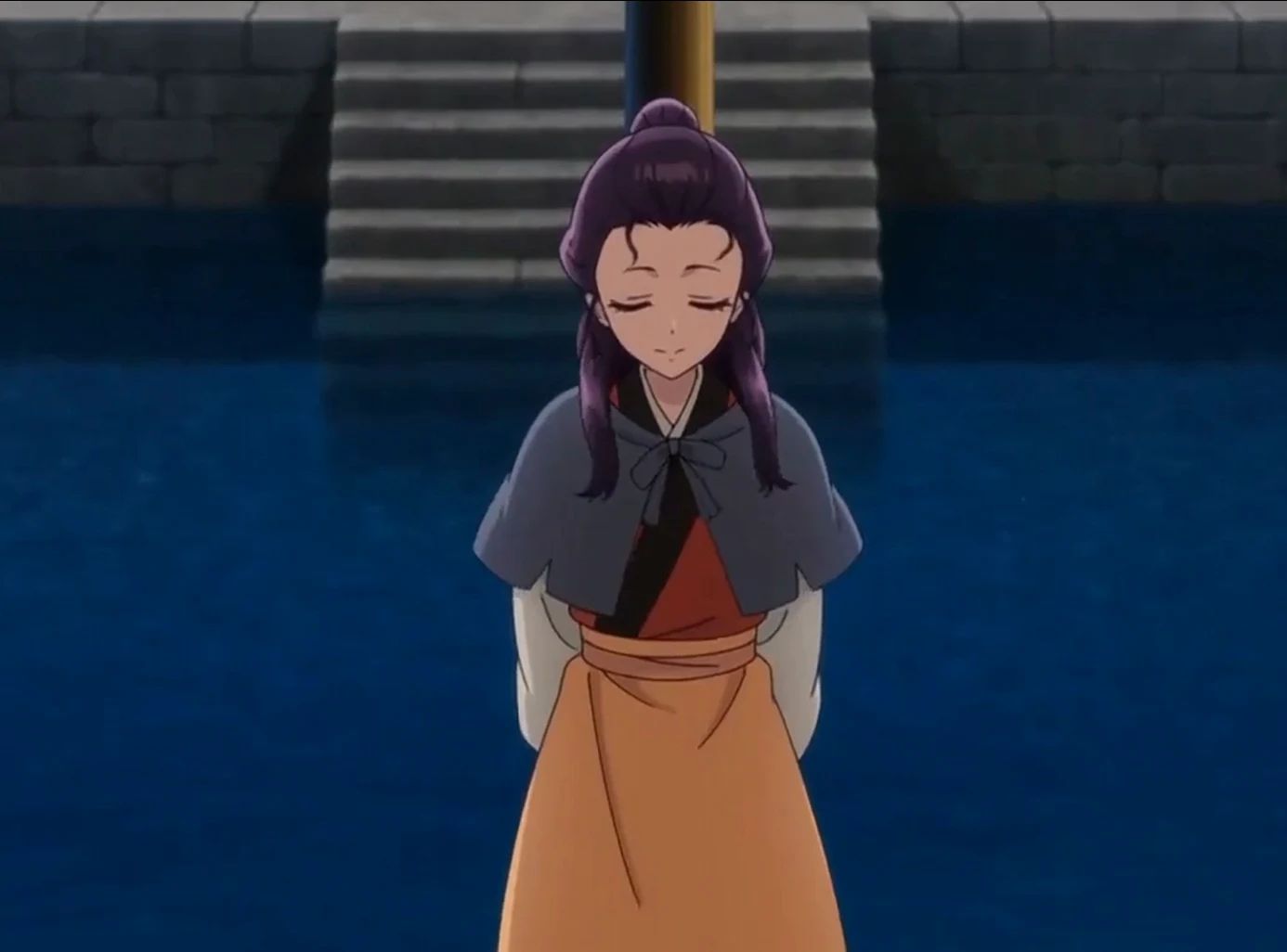 Shisui standing on a boat by the harbor