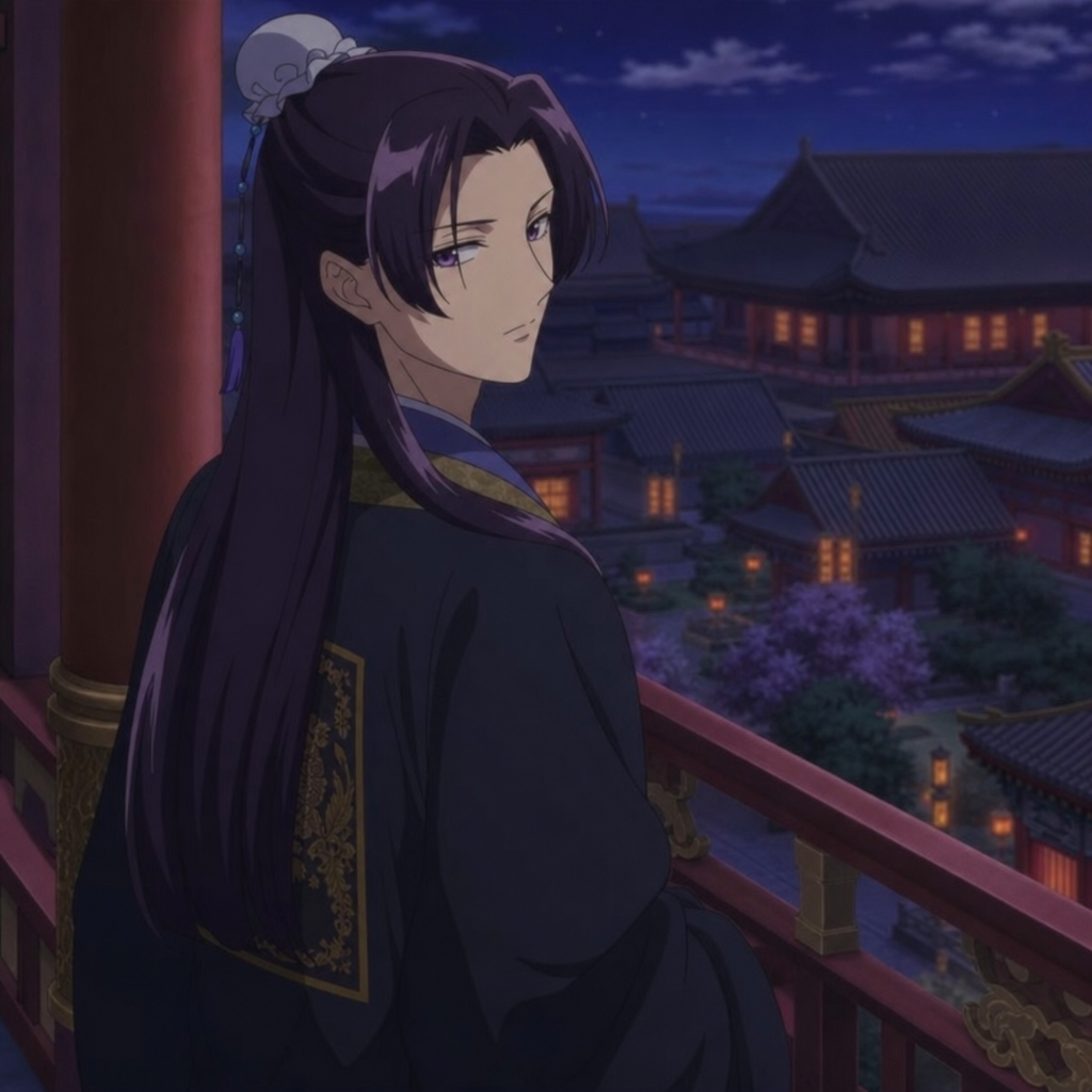 Jinshi overlooking palace buildings at night for an Apothecary Diaries age timeline discussion