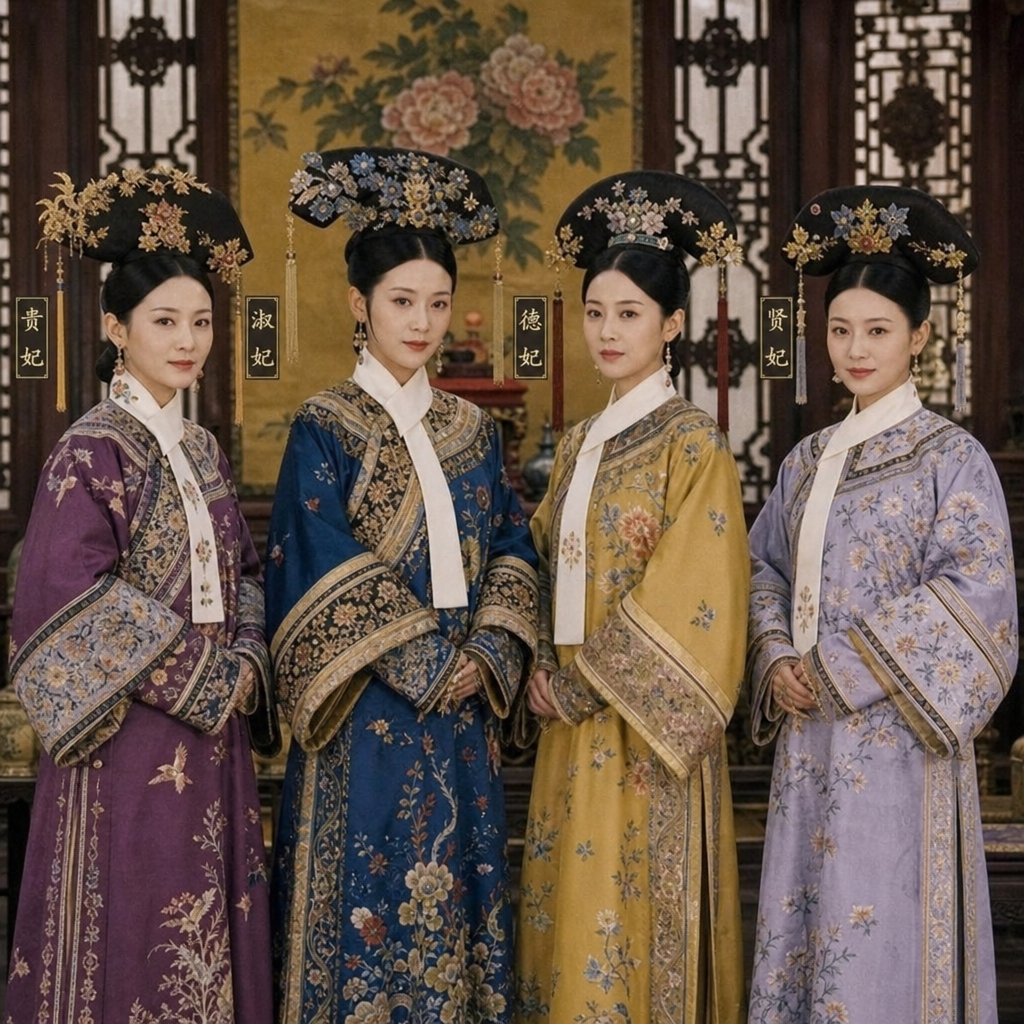 Four high ranking consorts in palace dress for an Apothecary Diaries character ages guide