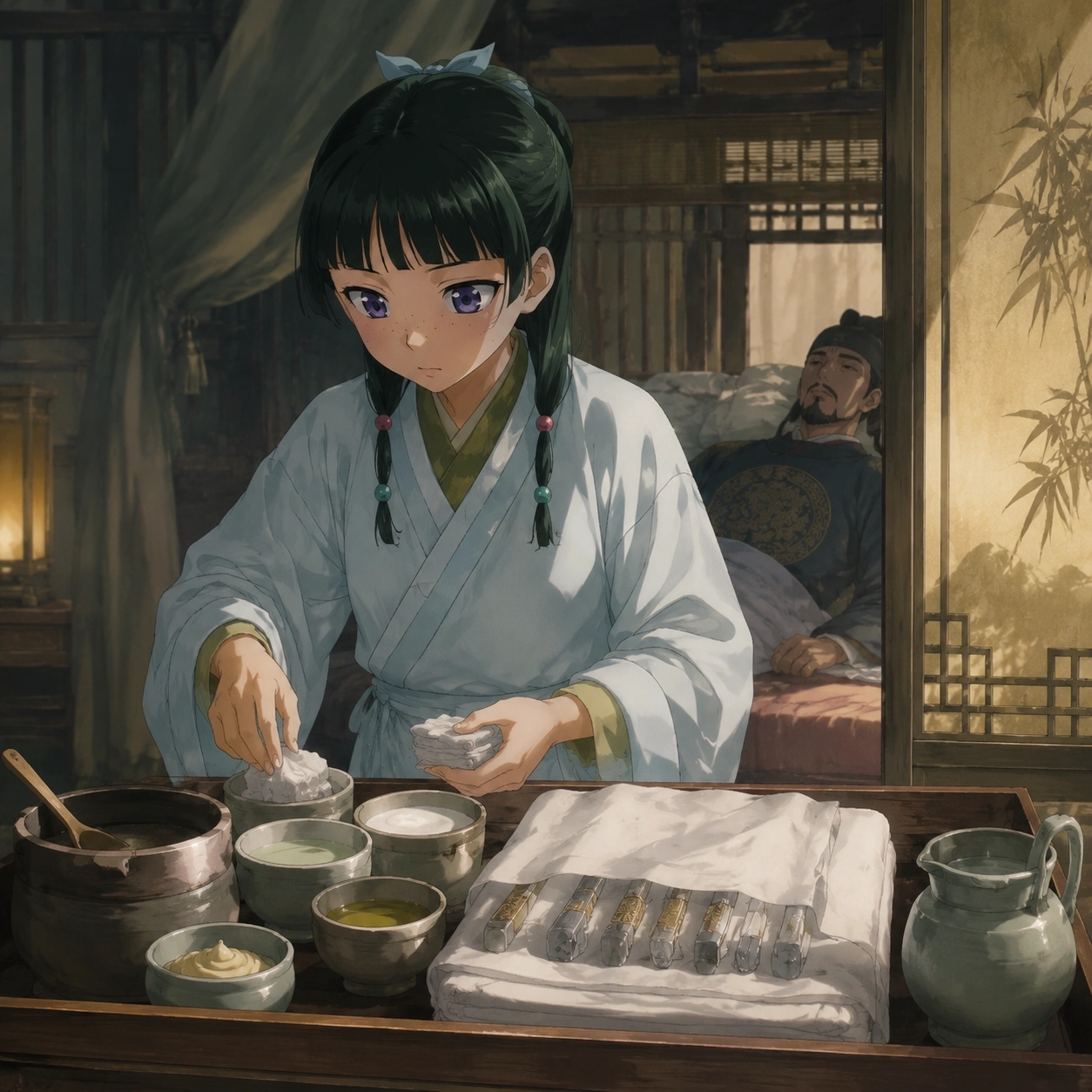 Maomao preparing medicines and clean cloth for the Emperor's Volume 15 surgery