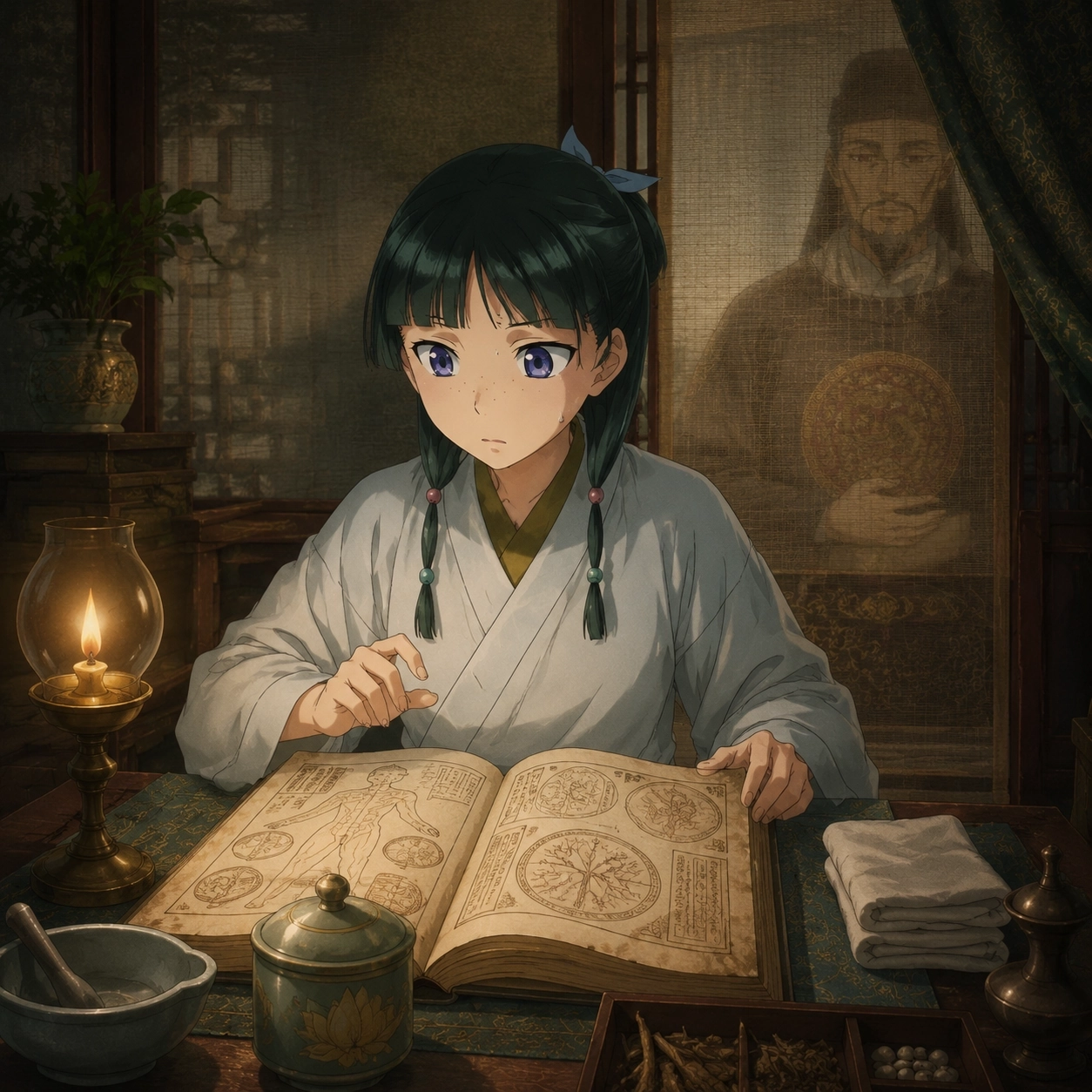Maomao comparing the Emperor's sudden pain relief with anatomical notes in Hua Tuo's Book