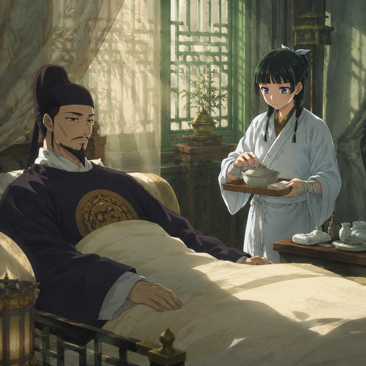 Maomao observing the recovering Emperor in a clean quiet postoperative chamber
