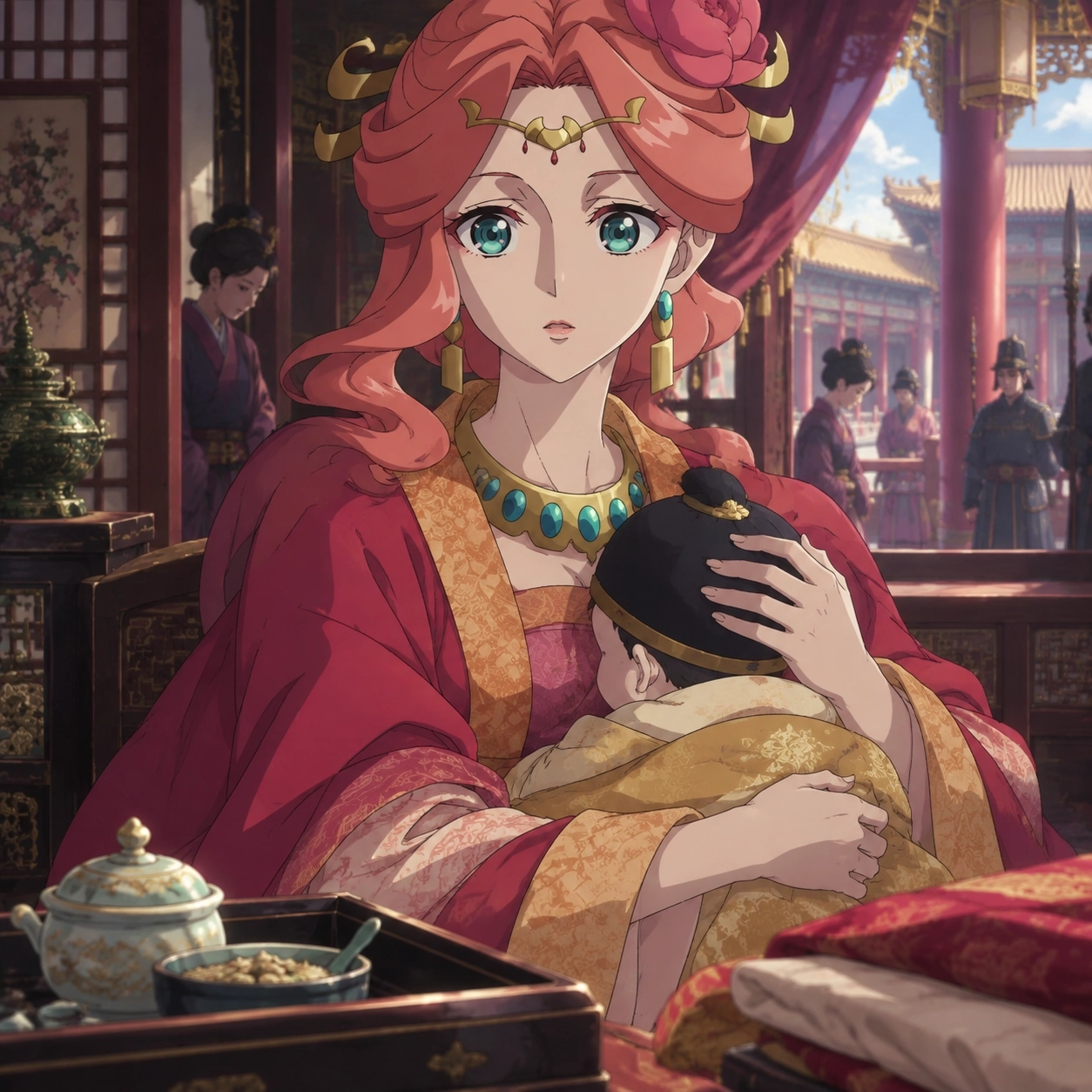 Gyokuyou protecting an imperial child while court priorities surround the Jade Pavilion