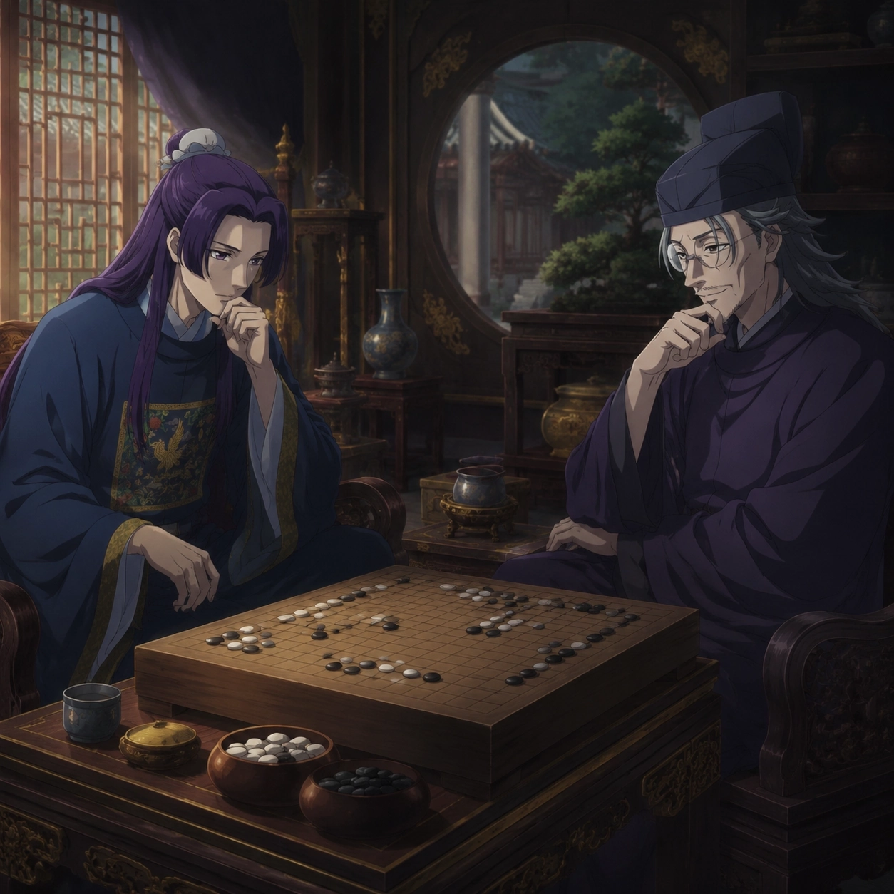 Jinshi and Lakan facing each other across a Go board