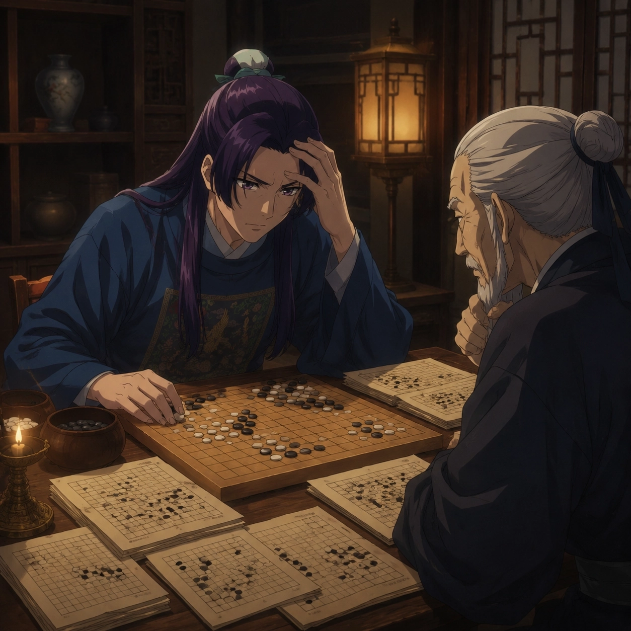 Jinshi studying Go problems with the Go Saint before the Volume 8 match