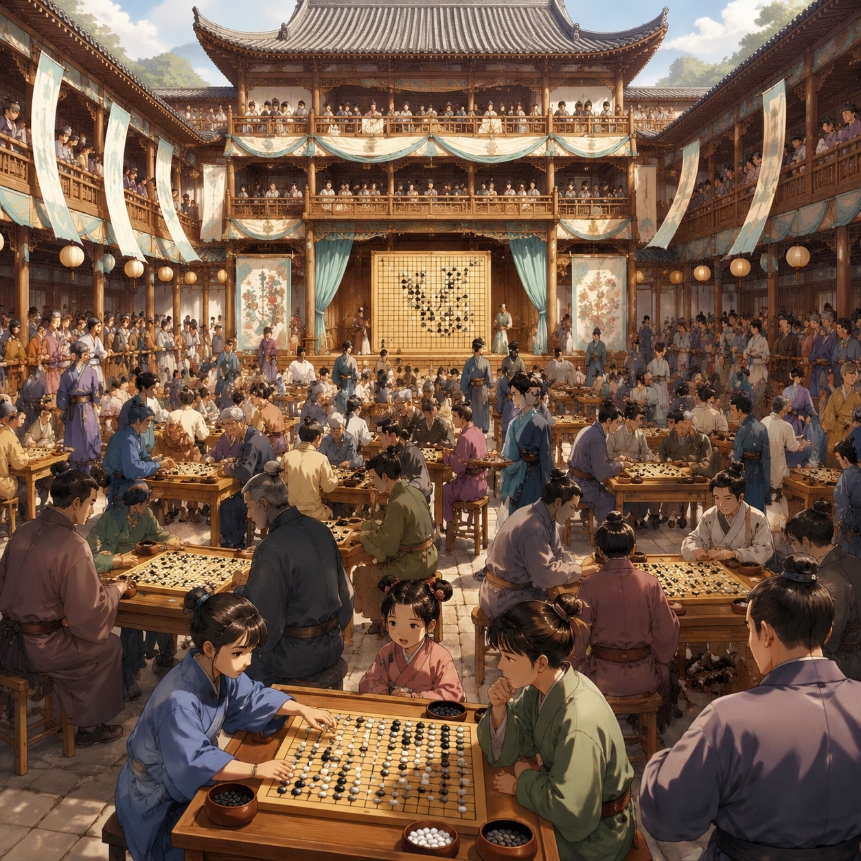 A public Go tournament filling the White Bell Theater with Go players and spectators