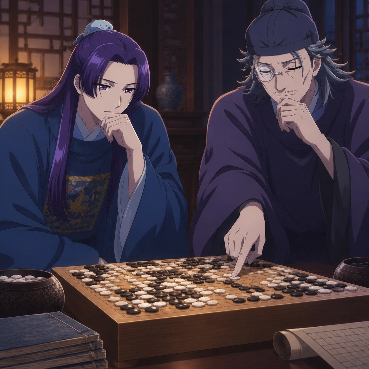 Jinshi and Lakan reviewing their Go match after the game