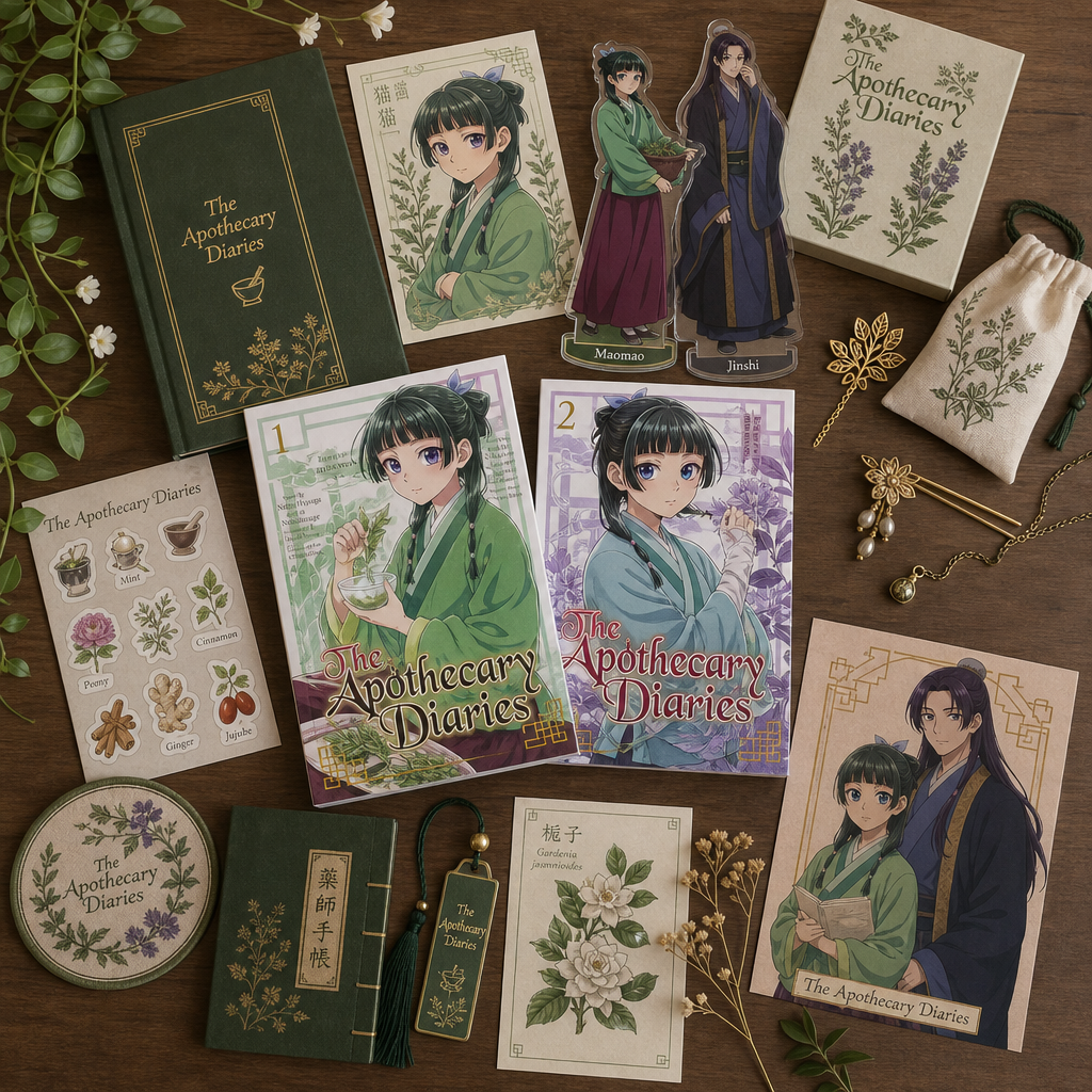 Original Apothecary Diaries merchandise gift guide image with books, figures, hairpins, and fan collectibles