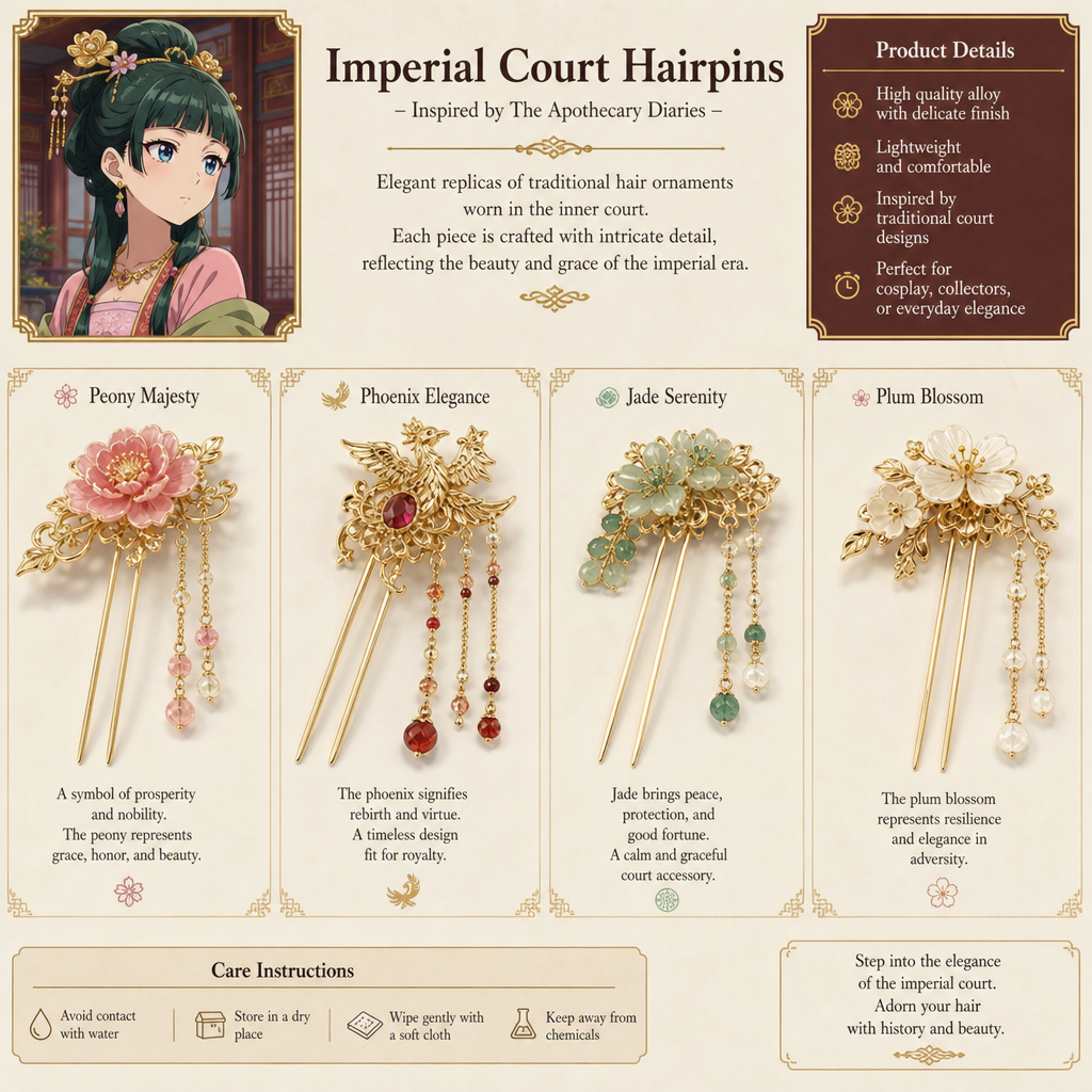 Imperial court hairpin replicas inspired by The Apothecary Diaries merchandise guide