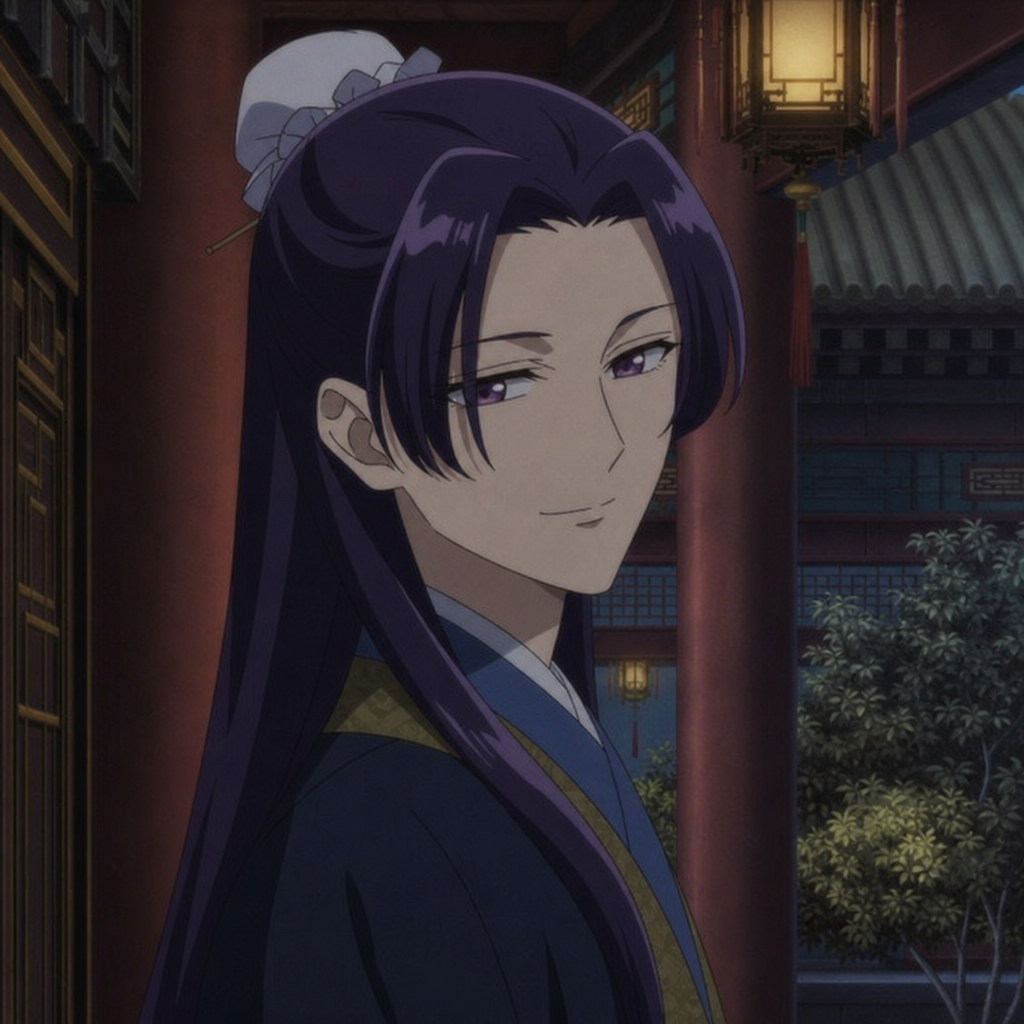 Jinshi standing in palace shadows for an Apothecary Diaries identity guide