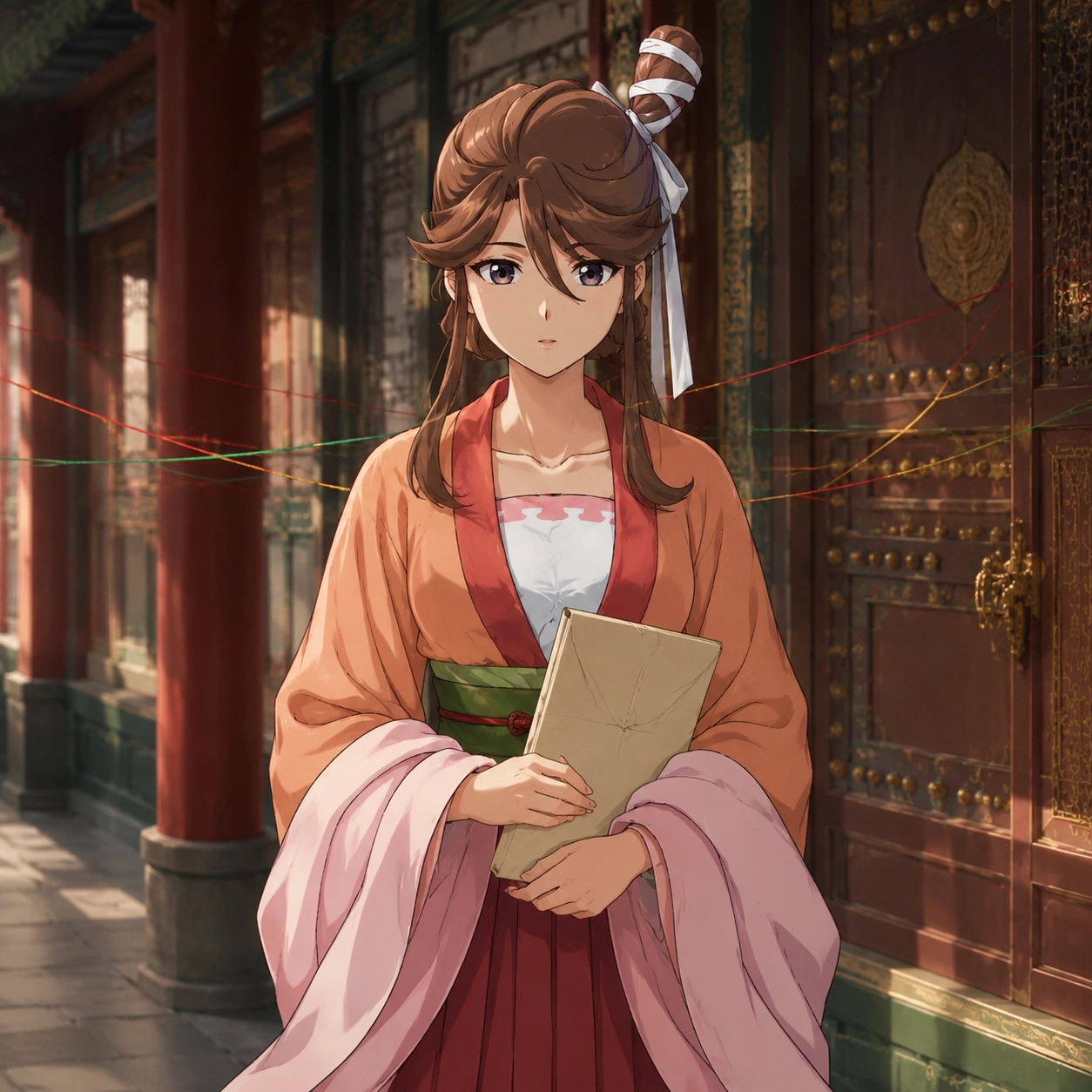 Baiyu standing as a quiet palace protector in an imperial corridor